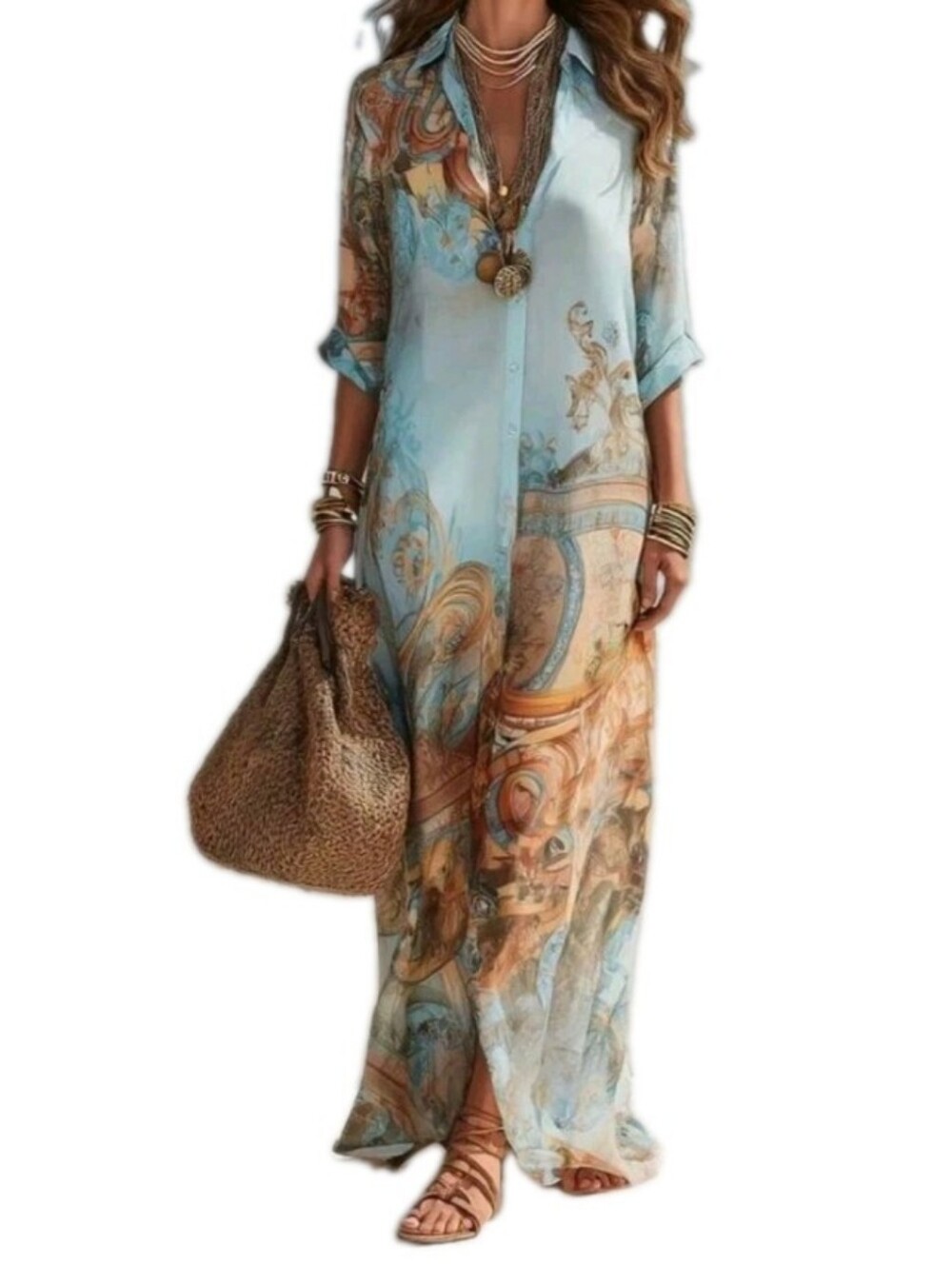 Women's Size Large Mint Green Print  Wedding Summer Vacation Shirt Dress